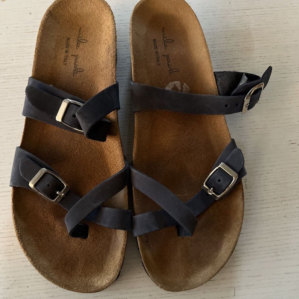 Mila Paoli Italy Women's Navy Blue‎ Suede  Slip-On Cork Sandals Size 8